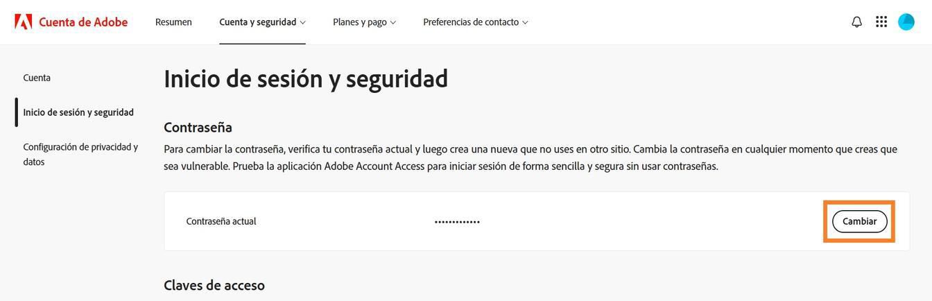 El botón Cambiar, ubicado en el lado derecho de la pantalla en la sección Contraseña, le permite actualizar su contraseña de Adobe.