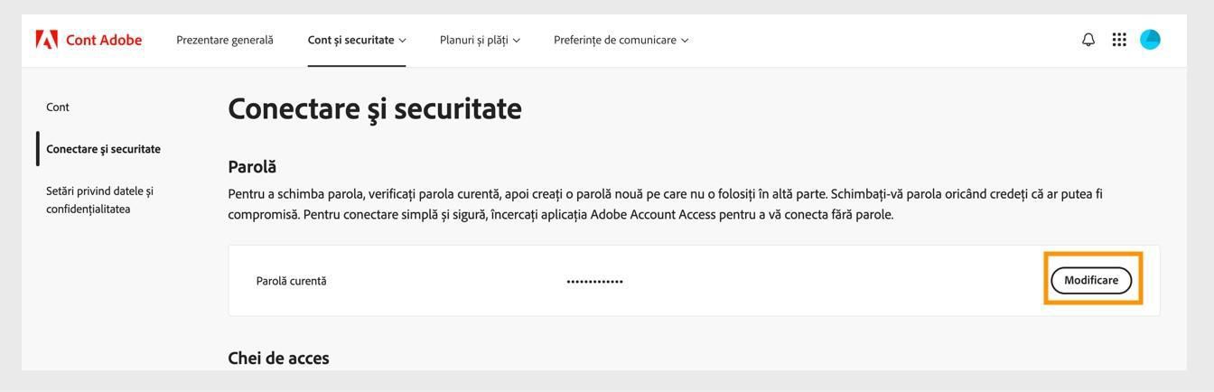 Butonul Schimbare, situat în partea dreaptă a ecranului în secțiunea Parolă, vă permite să actualizați parola Adobe.