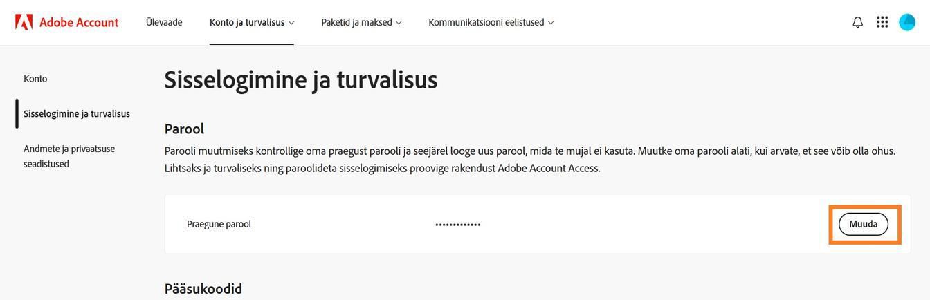 Nupp Muuda, mis asub jaotise Parool paremal küljel, võimaldab teil uuendada oma Adobe parooli.