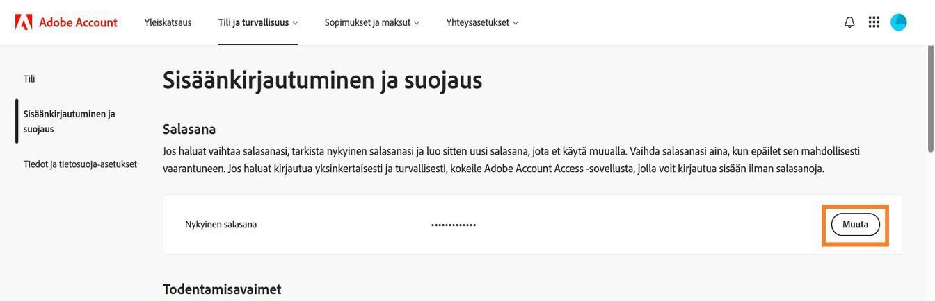 Salasana-osion oikealla puolella oleva Vaihda-painike mahdollistaa Adobe-salasanan päivittämisen.