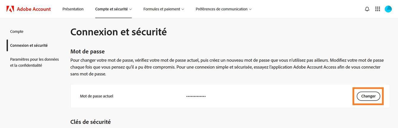 Le bouton Modifier, situé à droite de l’écran dans la section Mot de passe, vous permet de mettre à jour votre mot de passe Adobe.