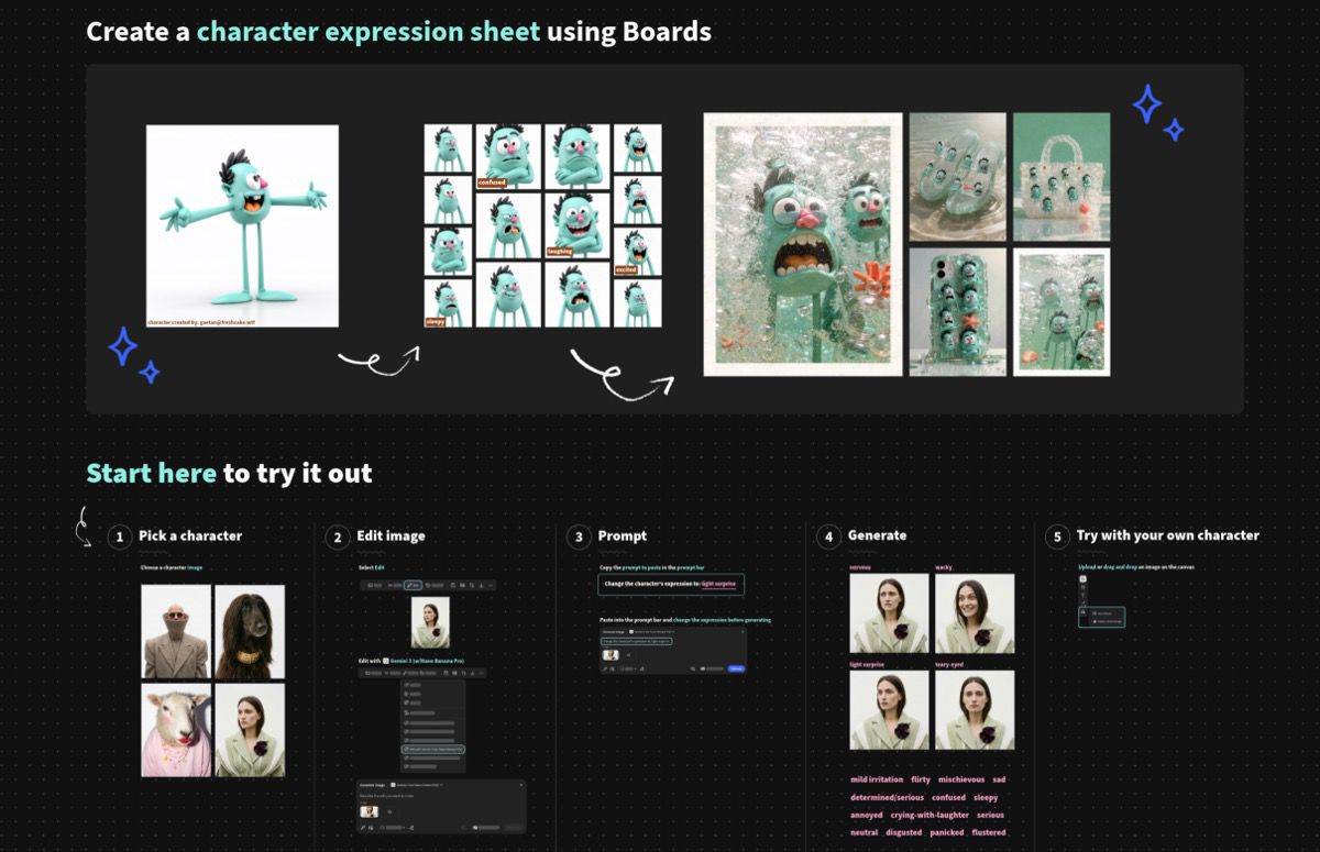 「キャラクターの表情シート」ワークフローには、新しいキャラクターの表情の作成をガイドする 5 つのステップが表示されます。