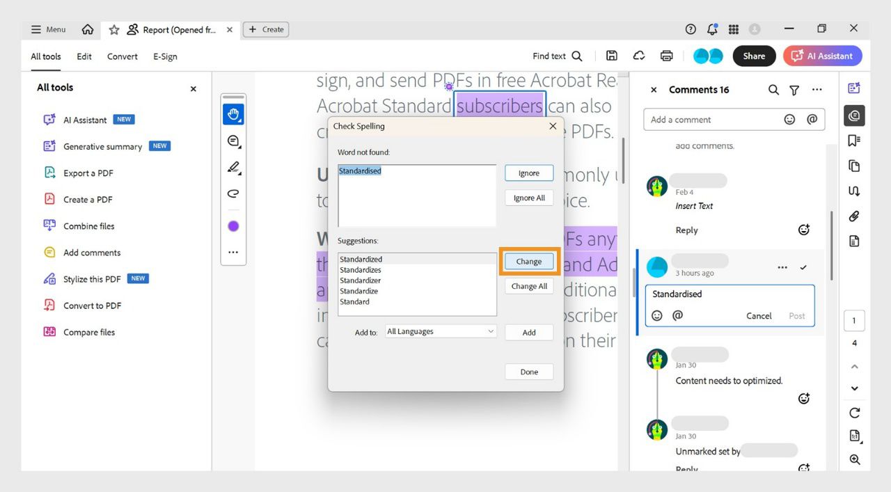 「檢查拼字」對話框會顯示所選的錯誤單字，並在「建議」方塊中顯示拼字建議，以及「忽略」、「全部忽略」、「變更」、「全部變更」和「新增」等選項。