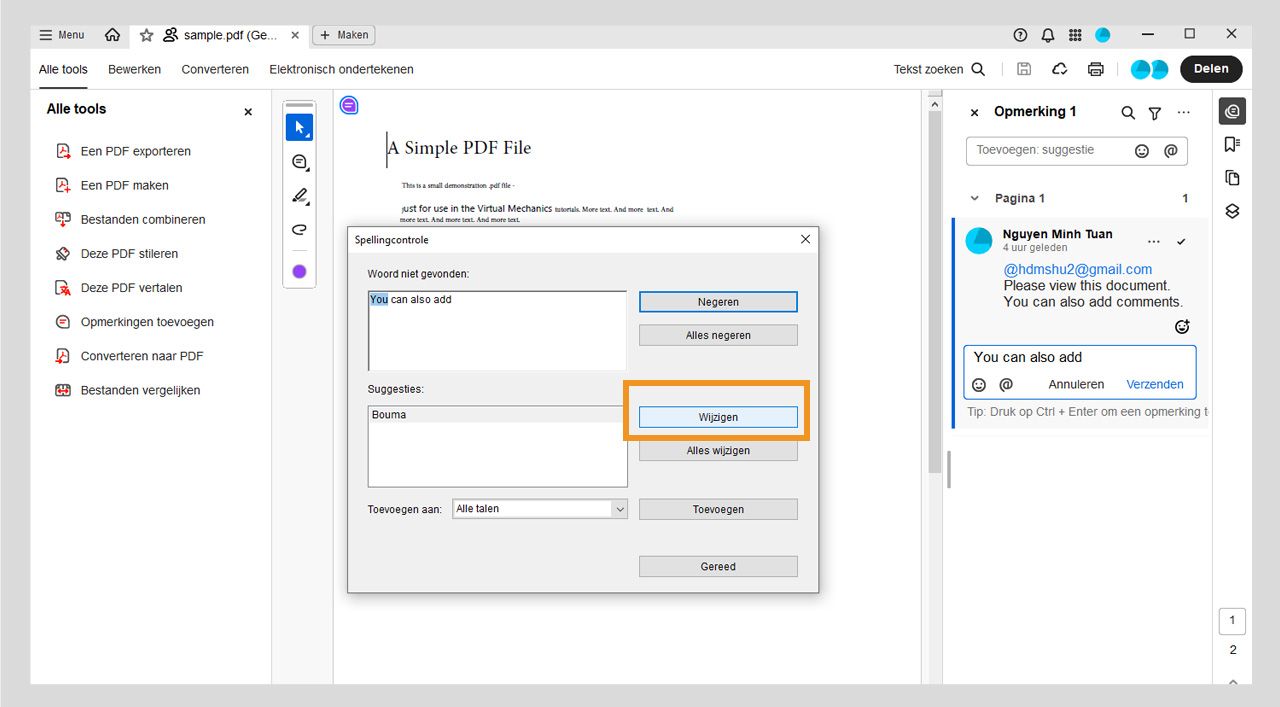 Het dialoogvenster Spelling controleren toont het geselecteerde onjuiste woord en geeft spellingsuggesties weer in het vak Suggesties, samen met opties voor Negeren, Alles negeren, Wijzigen, Alles wijzigen en Toevoegen.