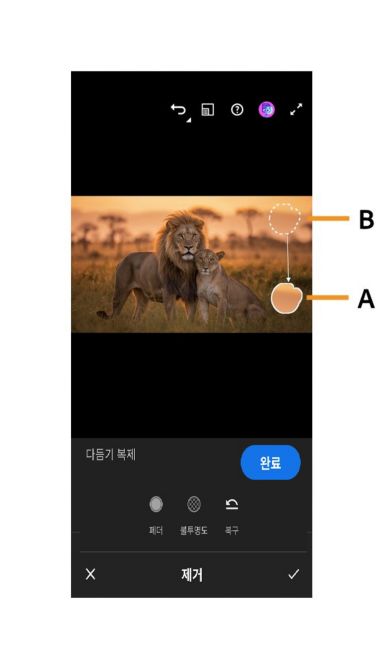 복제 도구는 단색 선택 영역으로 표시된 대상 영역과 파선 선택 영역으로 표시된 소스 영역을 표시합니다.