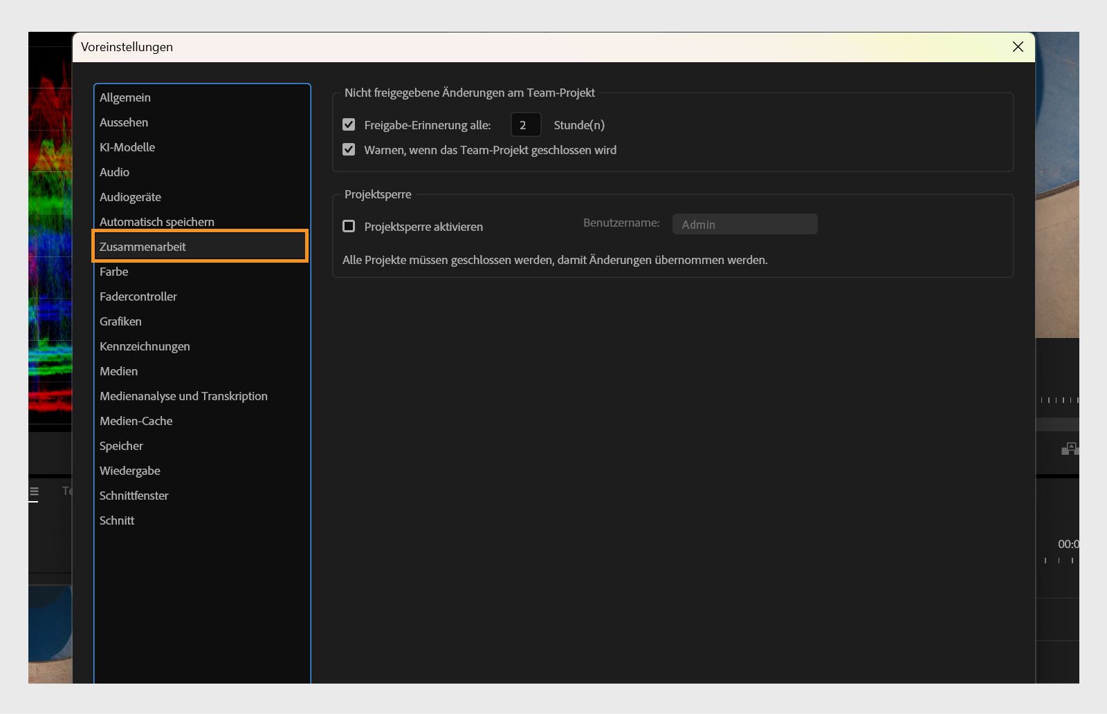 Das Bedienfeld „Zusammenarbeit“ im Dialogfeld „Voreinstellungen“ zeigt verschiedene Optionen für Zusammenarbeit wie „Freigabe-Erinnerung alle:“, „Warnen, wenn das Team-Projekt geschlossen wird“ und „Projektsperre aktivieren“.