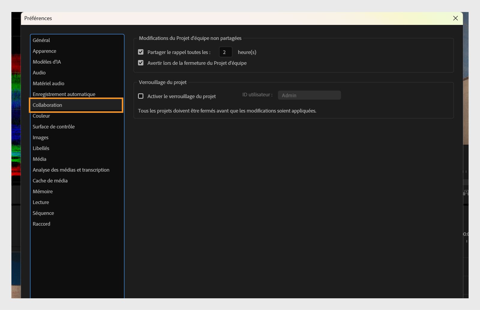 Le panneau Collaboration dans la boîte de dialogue Préférences affiche diverses options de collaboration telles que Partager le rappel toutes les, Warm when closing the Team Project (Avertir lors de la fermeture du projet Team Projects) et Activer le verrouillage du projet.