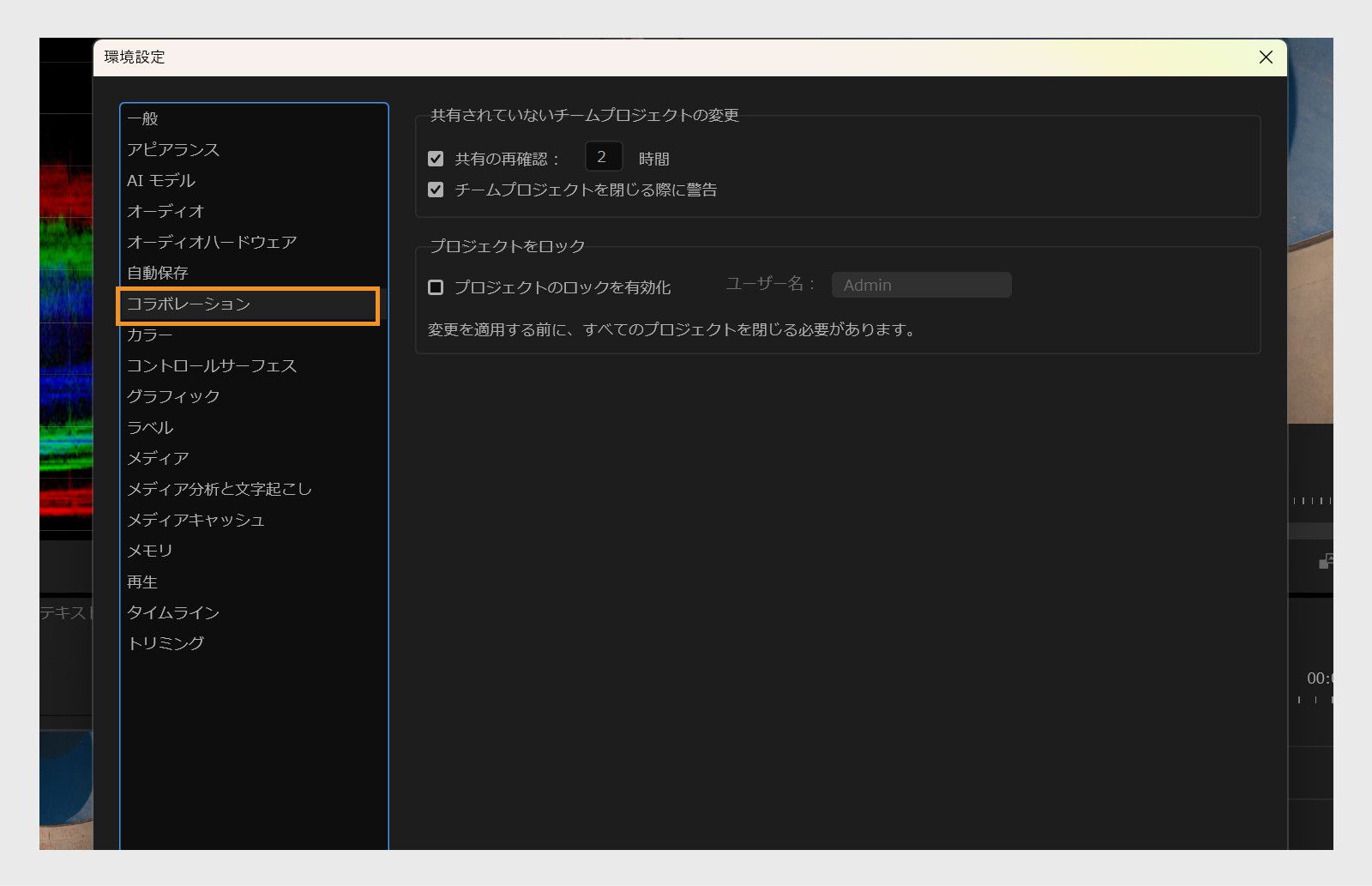 環境設定ダイアログボックスの共同作業パネルには、「共有リマインダーの間隔」、「チームプロジェクトを閉じる際に警告」、「プロジェクトのロックを有効にする」などの様々な共同作業オプションが表示されます。