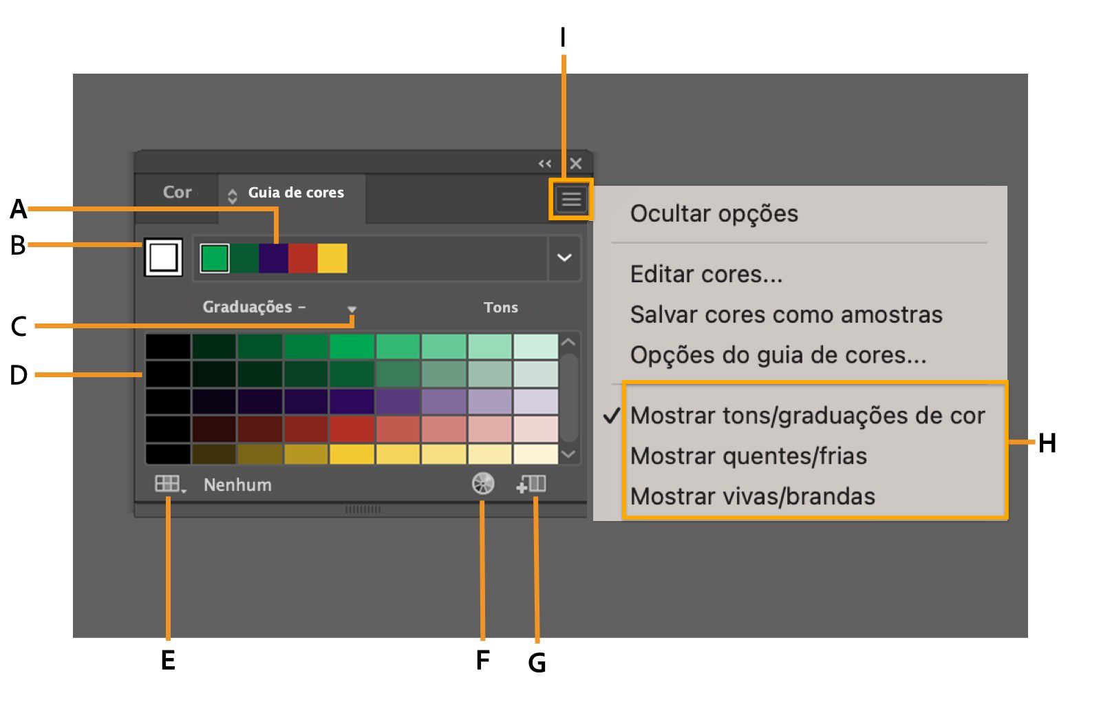 O painel Guia de cores mostra o menu do painel Guia de cores, o grupo de cores ativo do menu Regras de harmonia e muito mais.