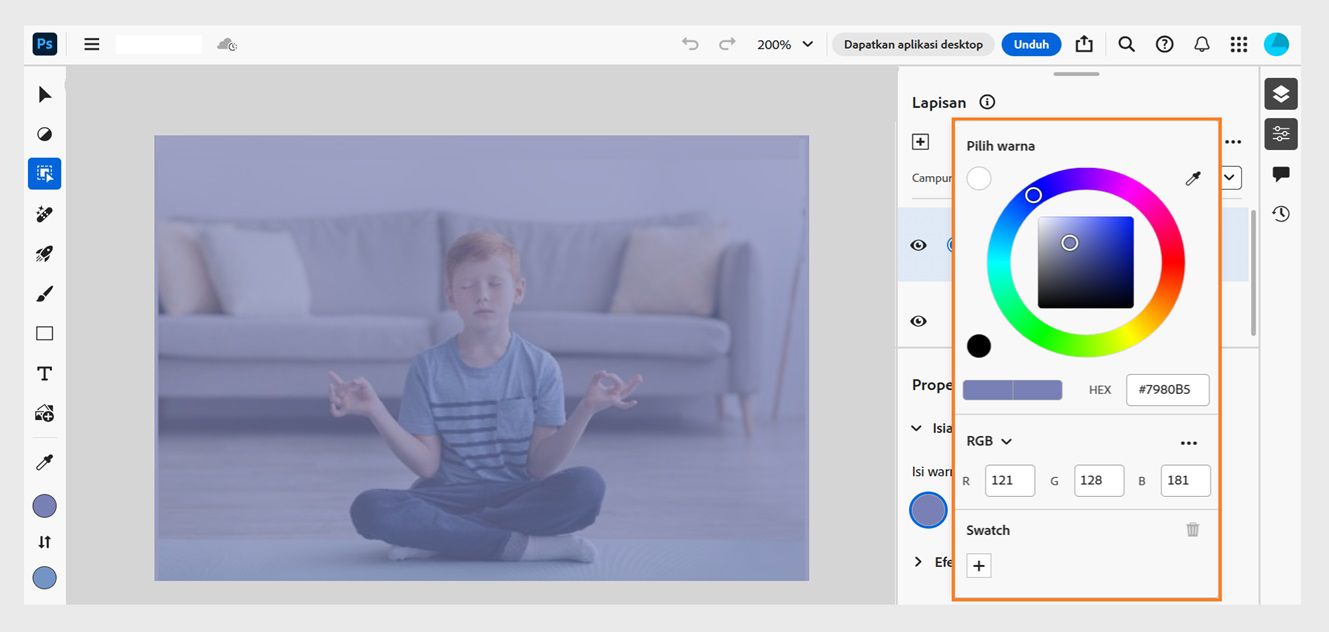Panel Pemilih Warna dibuka dalam panel Lapisan. Opsi ini dapat digunakan untuk memilih warna yang diinginkan untuk ditambahkan ke lapisan isian.