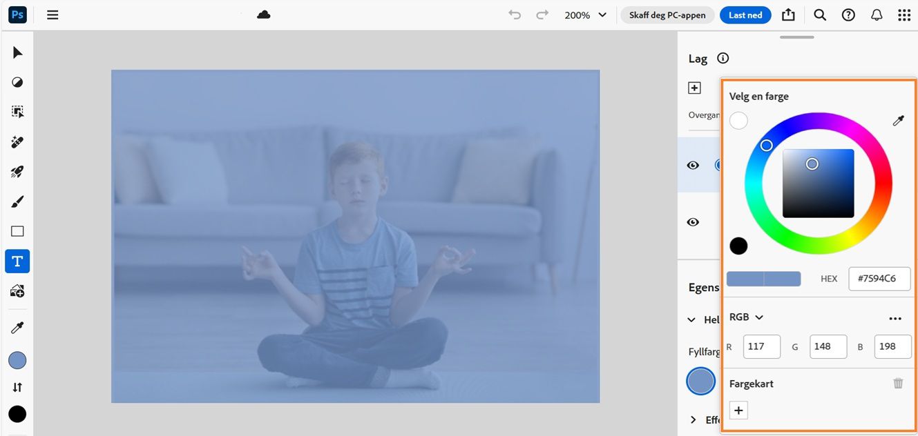 Fargevelgerpanelet åpnes i Lag-panelet. Det kan brukes for å velge fargen som skal legges til i fyllaget.