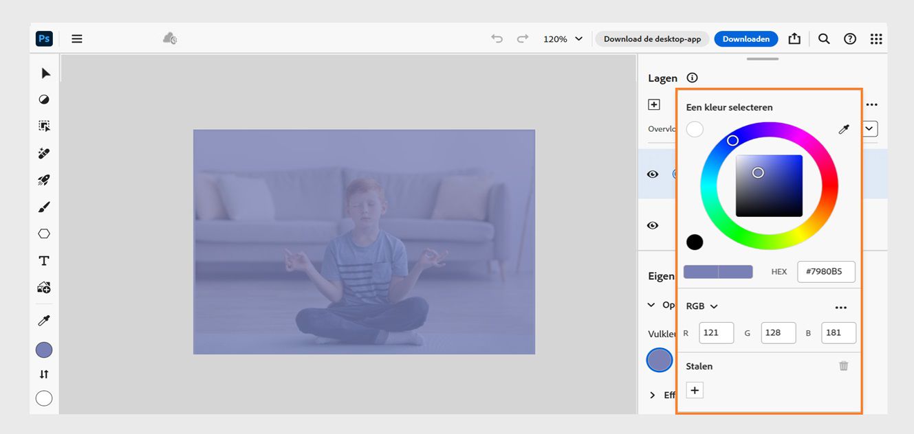 Het deelvenster Kleurkiezer wordt geopend in het deelvenster Lagen. Met deze optie kunt u de gewenste kleur selecteren die moet worden toegevoegd aan de opvullaag.