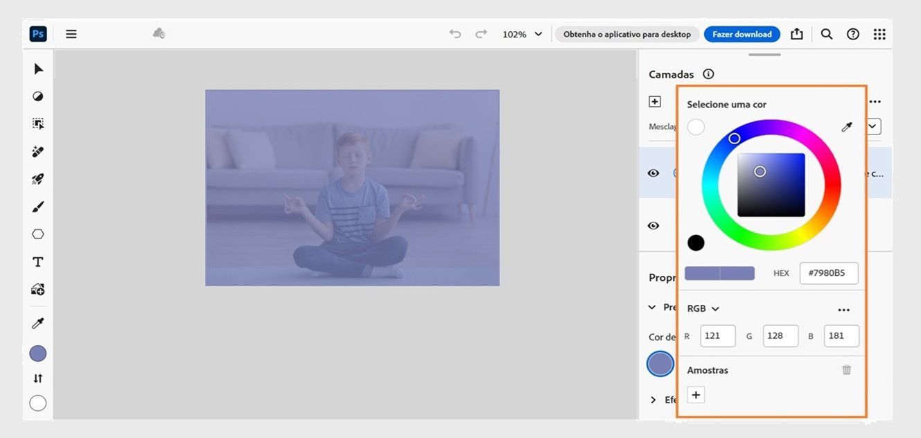 O painel Seletor de cores é aberto no painel Camadas. Ele pode ser usado para selecionar a cor desejada que deve ser adicionada à camada de preenchimento.