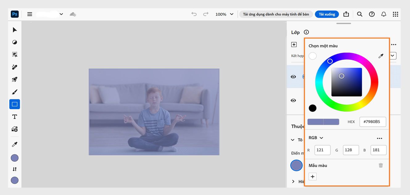 Bảng Bộ chọn màu được mở trong bảng Lớp. Bạn có thể sử dụng bảng này để chọn màu bạn muốn thêm vào lớp đổ màu.
