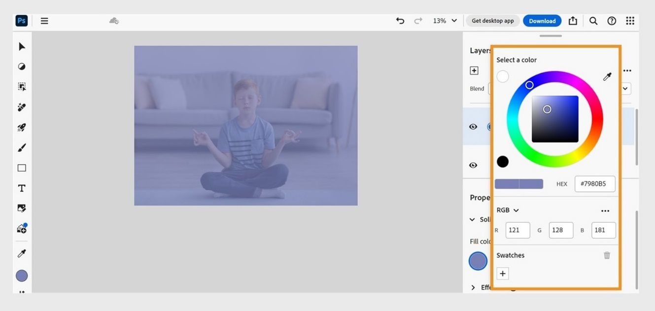 تفتح لوحة منتقي الألوان ضمن لوحة Layers. يمكن استخدامها لتحديد اللون المطلوب إضافته إلى طبقة التعبئة.