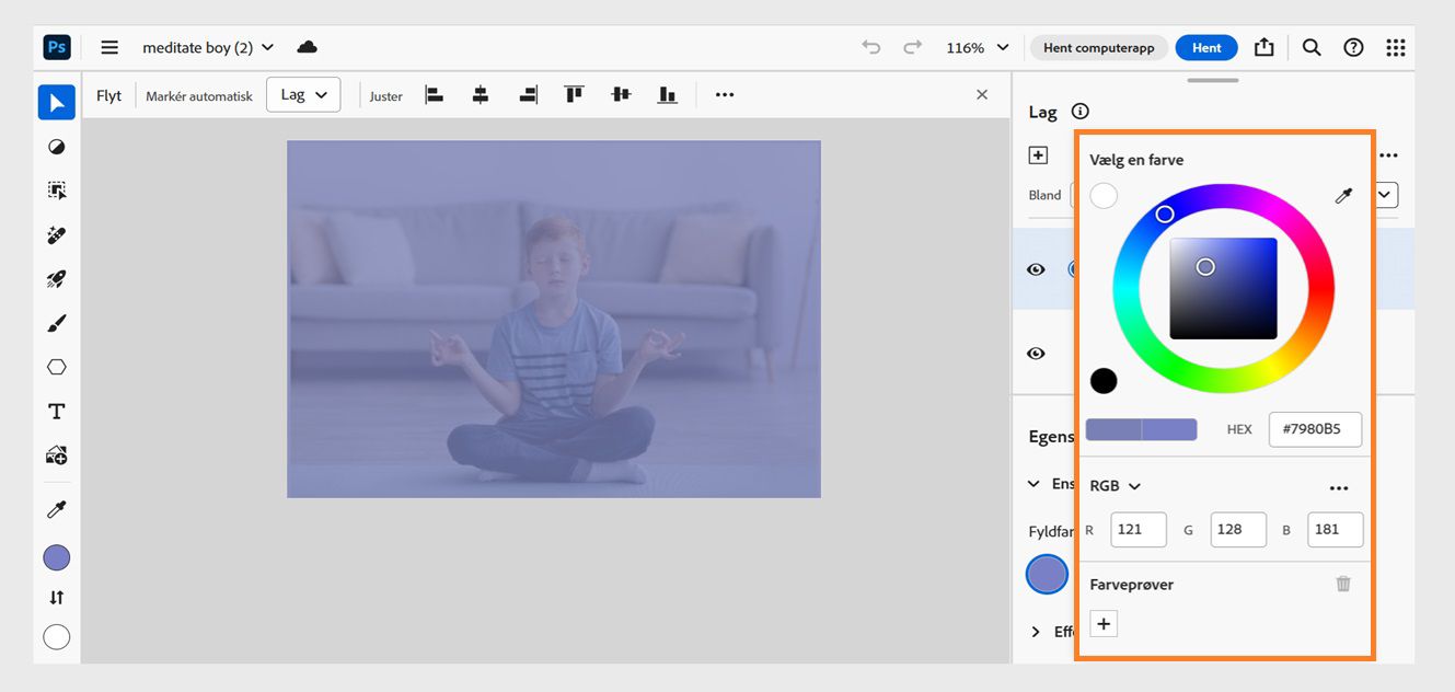 Panelet Farvevælger åbnes i panelet Lag. Det kan bruges til at vælge den farve, der skal føjes til udfyldningslaget.