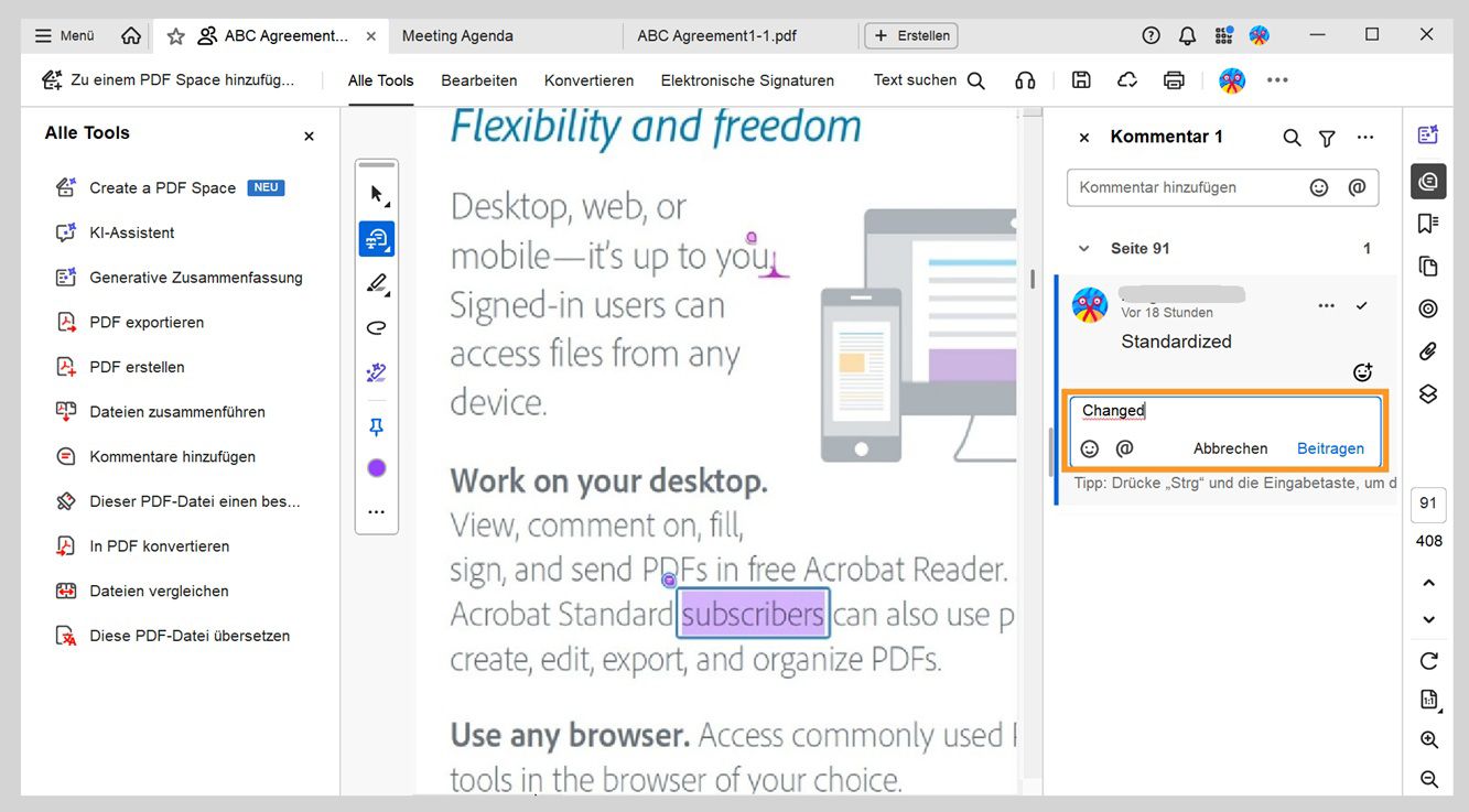 Das Kommentar-Bedienfeld zeigt ein Antwortfeld unter dem ausgewählten Kommentar, in das eine Antwort eingegeben wird.
