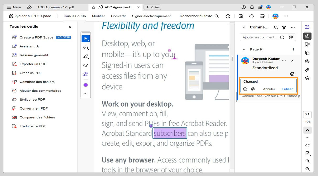 Le panneau Commentaires affiche une zone de réponse sous le commentaire sélectionné, où une réponse est saisie.