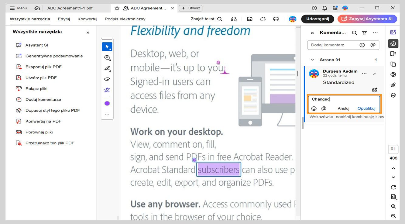 Panel Komentarze wyświetla pole odpowiedzi pod wybranym komentarzem, w którym można wpisać odpowiedź.
