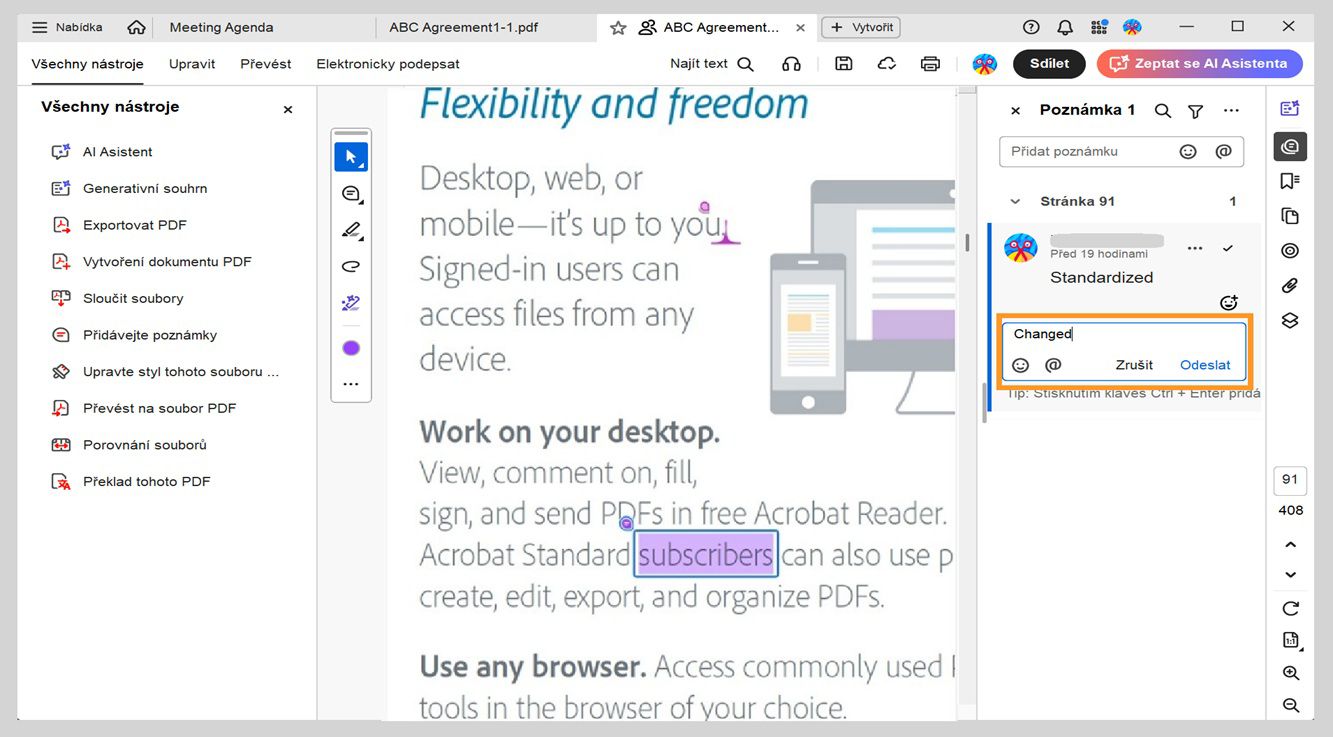 Panel Poznámky zobrazuje pole pro odpověď pod vybranou poznámkou, kam se zadává odpověď.