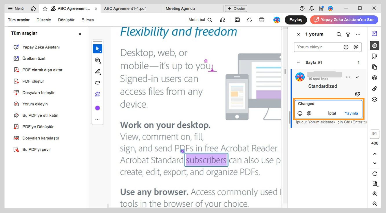 Yorumlar paneli, seçilen yorumun altında bir yanıt kutusunu gösterir; yanıt buraya girilir.