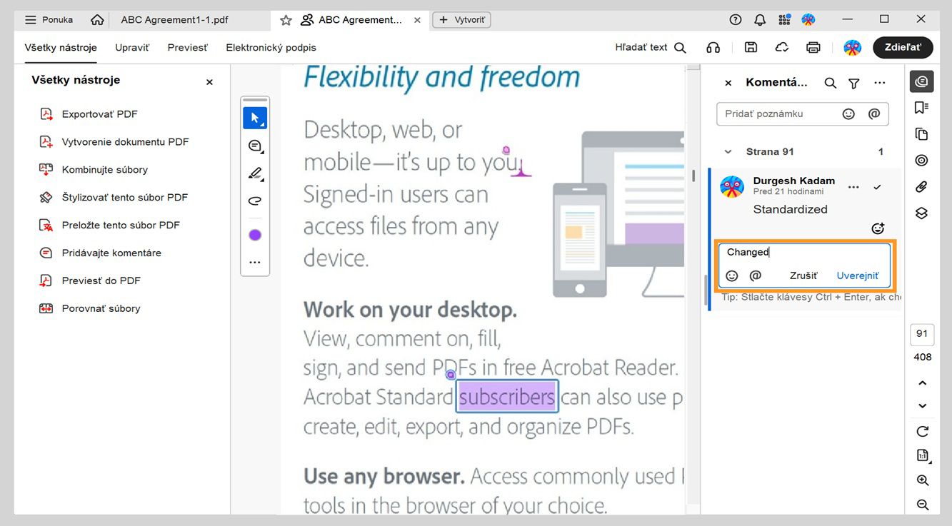 Panel Komentáre zobrazuje pole pre odpoveď pod vybraným komentárom, kam sa zadáva odpoveď.