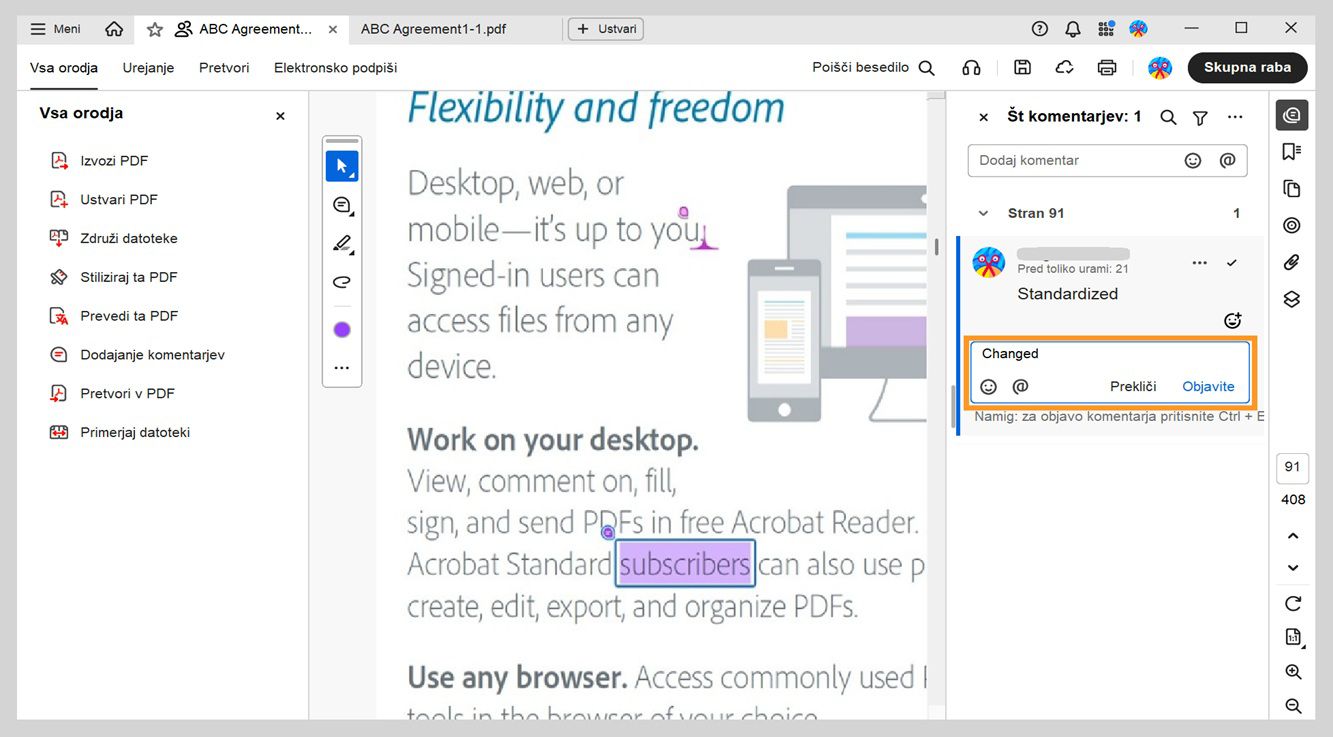 V podoknu Komentar je pod izbranim komentarjem prikazano polje za odgovor, kamor vnesete odgovor.