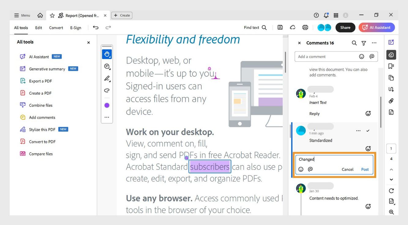 לוח ההערות מציג תיבת תגובה מתחת להערה הנבחרת, שבה מוזנת תגובה.