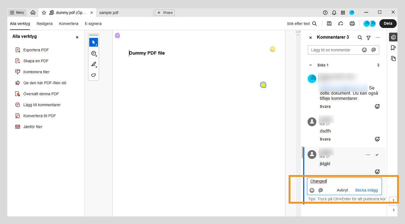 Kommentarspanelen visar en svarsruta under den valda kommentaren, där ett svar skrivs in.