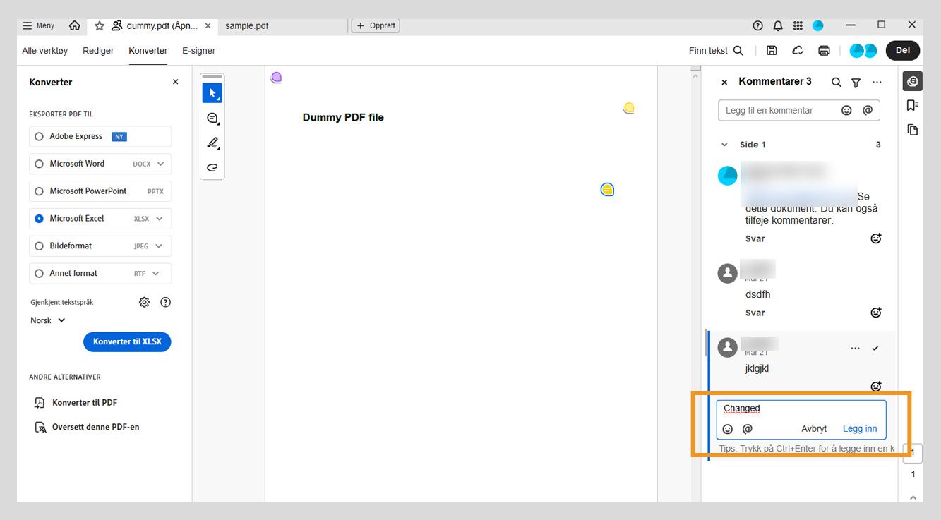 Kommentarpanelet viser en svarboks under den valgte kommentaren, der et svar skrives inn.