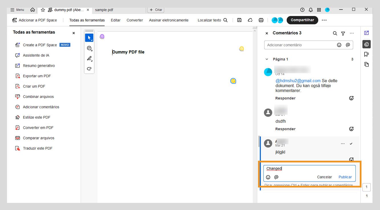 O painel Comentários exibe uma caixa de resposta abaixo do comentário selecionado, onde uma resposta é inserida.