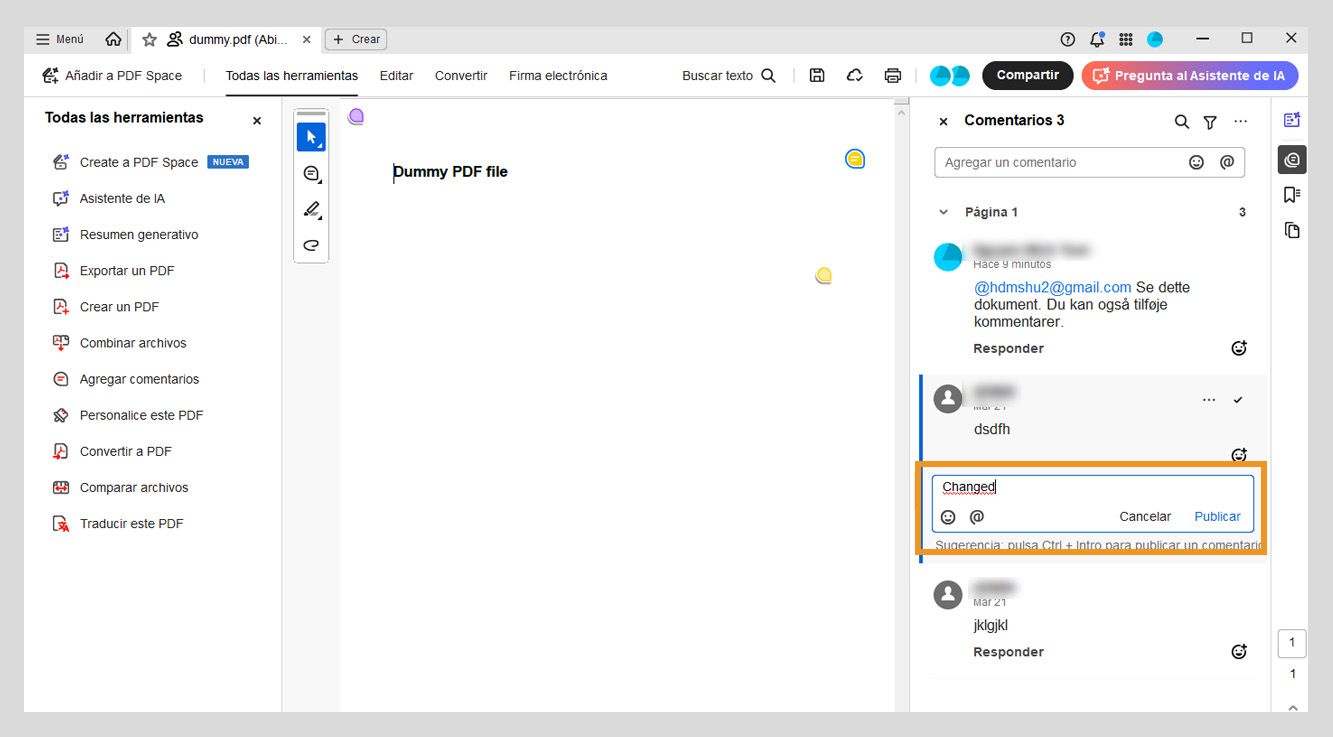 El panel Comentarios muestra un cuadro de respuesta debajo del comentario seleccionado, donde se introduce una respuesta.