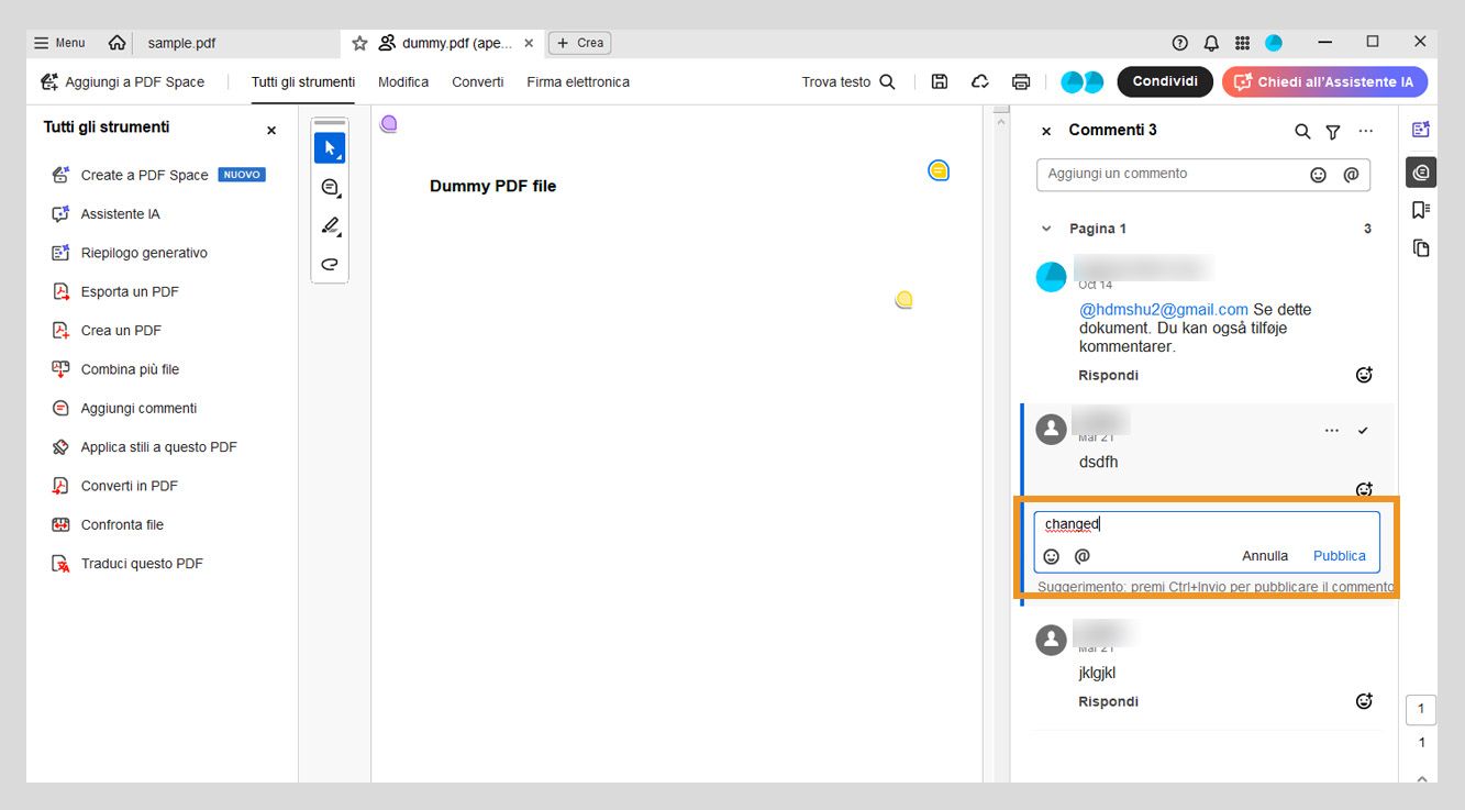 Il pannello Commenti mostra una casella di risposta sotto il commento selezionato, dove viene inserita una risposta.
