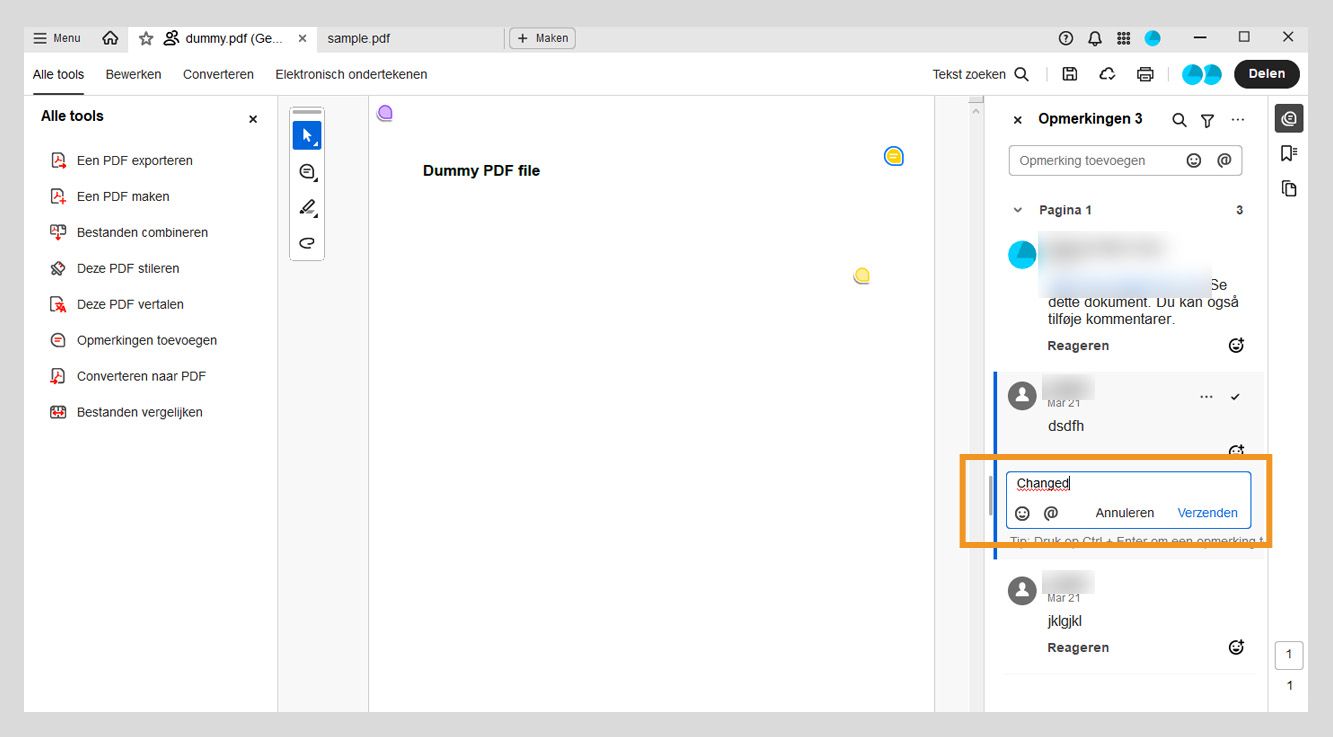 Het deelvenster Opmerkingen toont een antwoordvak onder de geselecteerde opmerking, waar een antwoord wordt ingevoerd.