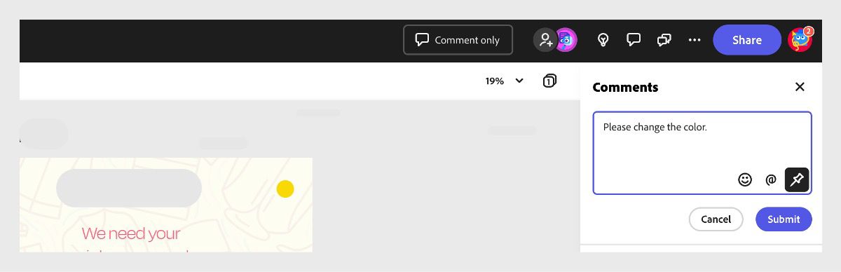 L’invite Commentaires est ouverte avec un commentaire dans le champ Ajouter un commentaire. L’option Placer une épingle était également sélectionnée avec un point jaune sur le fichier, indiquant l’endroit où il est placé. 