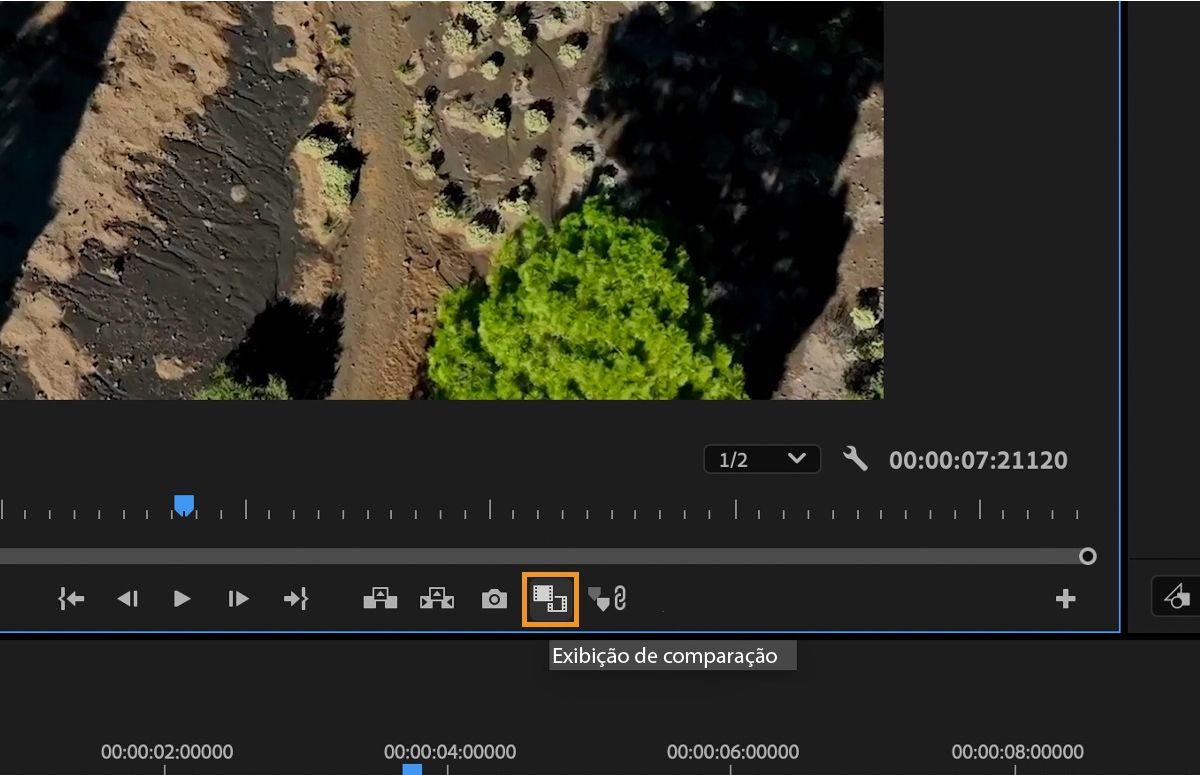 O ícone de Visualização de comparação está selecionado no Monitor de programa.