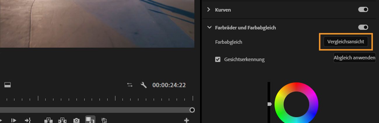 Die Vergleichsansicht-Option ist im Lumetri-Farbe-Bedienfeld ausgewählt, um Aufnahmen zu vergleichen und ihre Farben anzupassen.