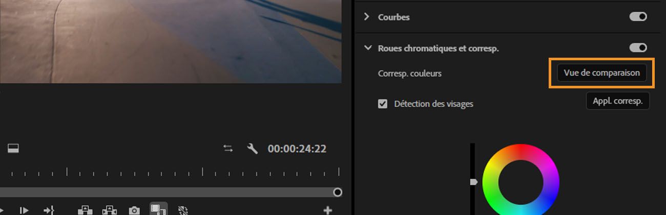 L'option Vue de comparaison est sélectionnée dans le panneau Lumetri Color pour comparer les plans et faire correspondre leur couleur.