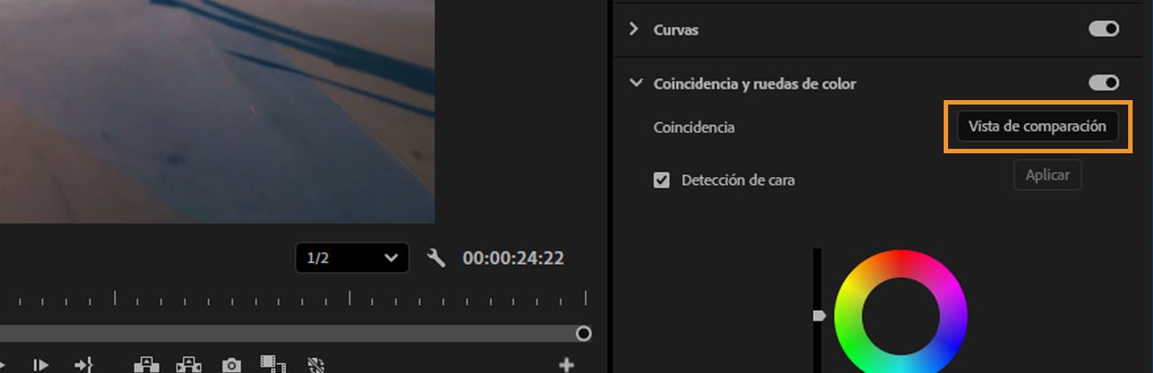 La opción Vista de comparación está seleccionada en el panel Lumetri Color para comparar tomas y hacer coincidir su color.