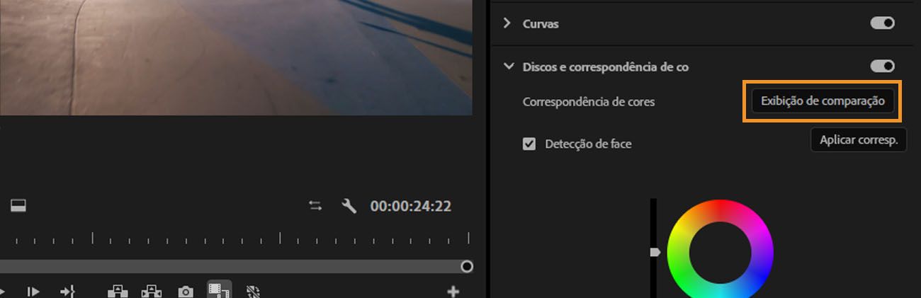 A opção Exibição de comparação está selecionada no painel Cor de Lumetri para comparar tomadas e igualar suas cores.