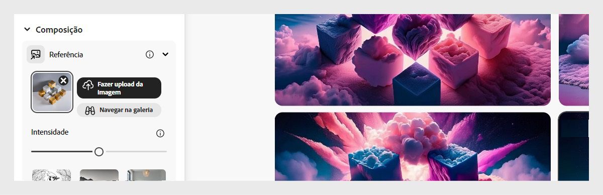 A seção Composição está aberta no painel de controle Texto para imagem. Há opções para carregar uma imagem de referência da composição ou navegar pela galeria para selecionar uma. A imagem de referência carregada será usada para gerar variações de imagem correspondentes à composição.