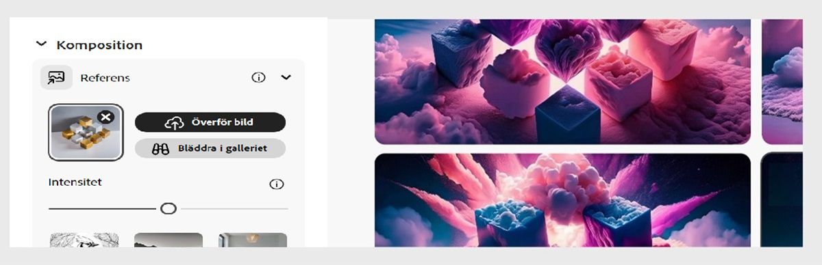 Avsnittet Sammansättning är öppet på kontrollpanelen Text till bild. Det finns alternativ för att antingen överföra en referensbild för sammansättning eller bläddra i galleriet för att välja en. Den överförda referensbilden används för att generera bildvariationer som matchar sammansättningen.