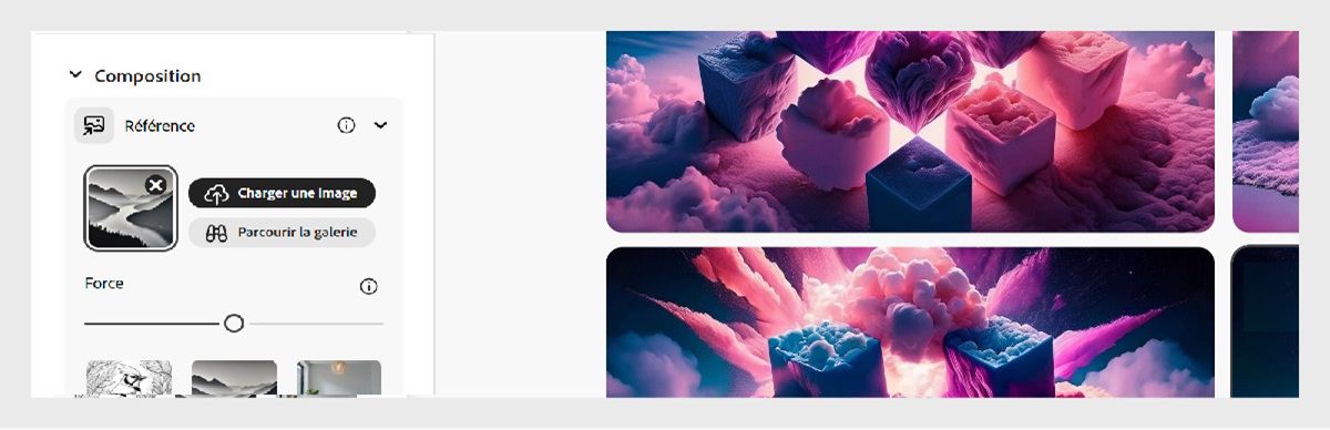 La section Composition est ouverte dans le panneau de contrôle Du texte à l’image. Elle comprend des options permettant de charger une image de référence de composition ou de parcourir la galerie pour en sélectionner une. L’image de référence chargée est utilisée pour générer des variations d’image correspondant à la composition.