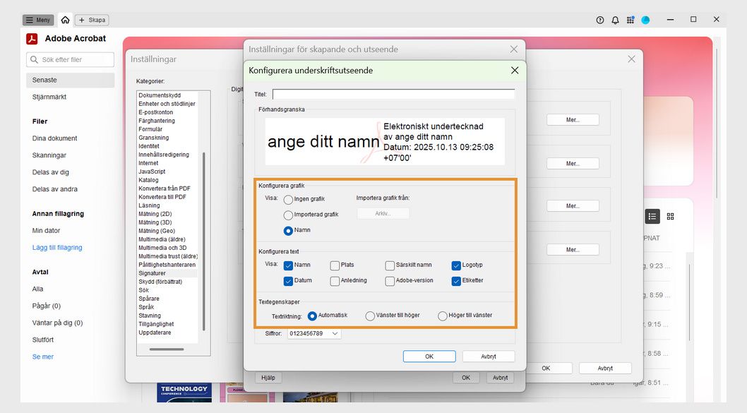 Dialogrutan Konfigurera signaturutseende visar olika alternativ under avsnitten Konfigurera grafik, Konfigurera text och Textegenskaper.