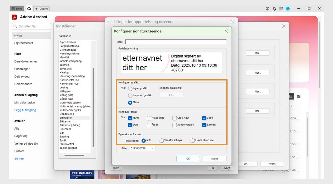 Dialogboksen Konfigurer signaturutseende viser ulike alternativer under delene Konfigurer grafikk, Konfigurer tekst og Tekstegenskaper.