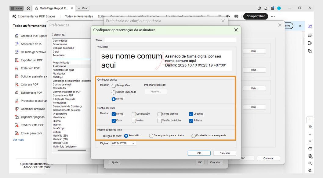A caixa de diálogo Configurar aparência da assinatura exibe várias opções nas seções Configurar gráfico, Configurar texto e Propriedades do texto.