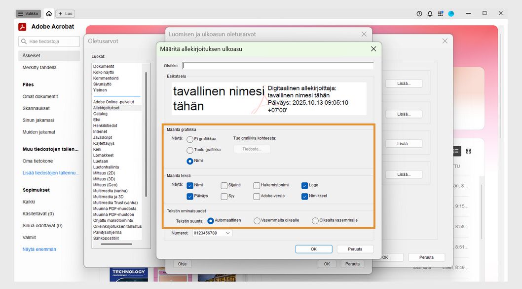 Allekirjoituksen ulkoasun määritys -valintaikkuna näyttää erilaisia vaihtoehtoja Määritä grafiikka-, Määritä teksti- ja Tekstin ominaisuudet -osioissa.