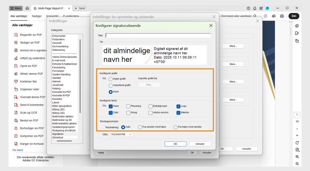 Dialogboksen Konfigurer signaturudseende viser forskellige indstillinger under afsnittene Konfigurer grafik, Konfigurer tekst og Tekstegenskaber.