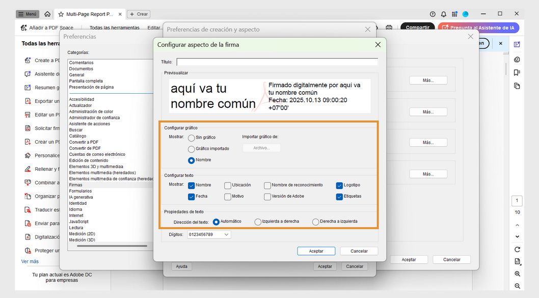 El cuadro de diálogo Configurar aspecto de firma muestra varias opciones en las secciones Configurar gráfico, Configurar texto y Propiedades del texto.