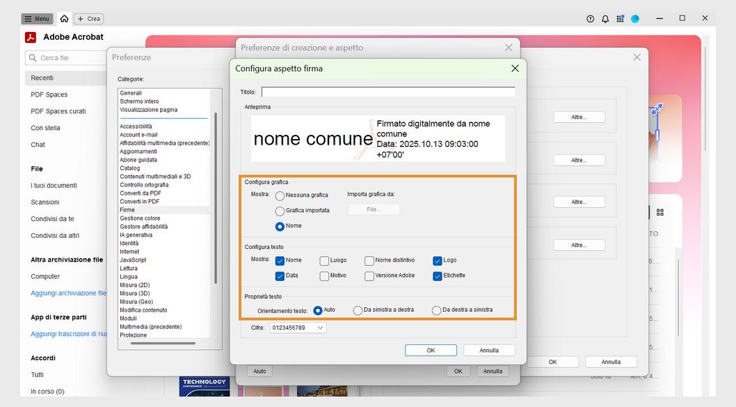 La finestra di dialogo Configtura aspetto firma mostra varie opzioni nelle sezioni Configura grafica, Configura testo e Proprietà testo.